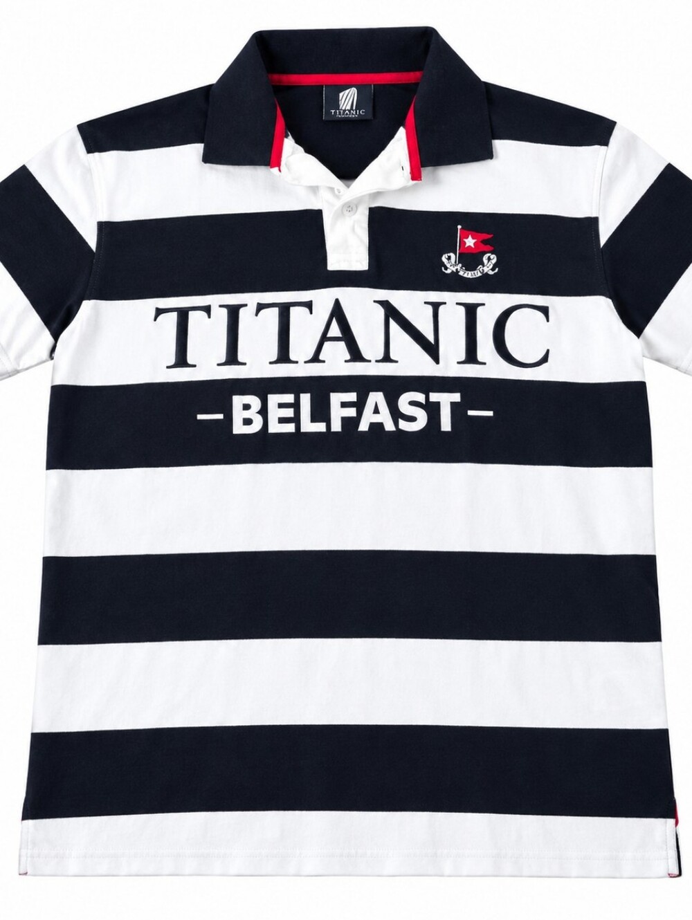 Large. Titanic Black & White Striped Polo with White Star Chest Print